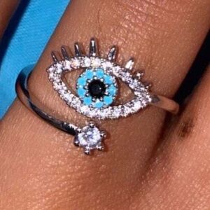 Luxe 18k gold plated Silver Tone Rhinestone Adjustable Evil Eye Ring